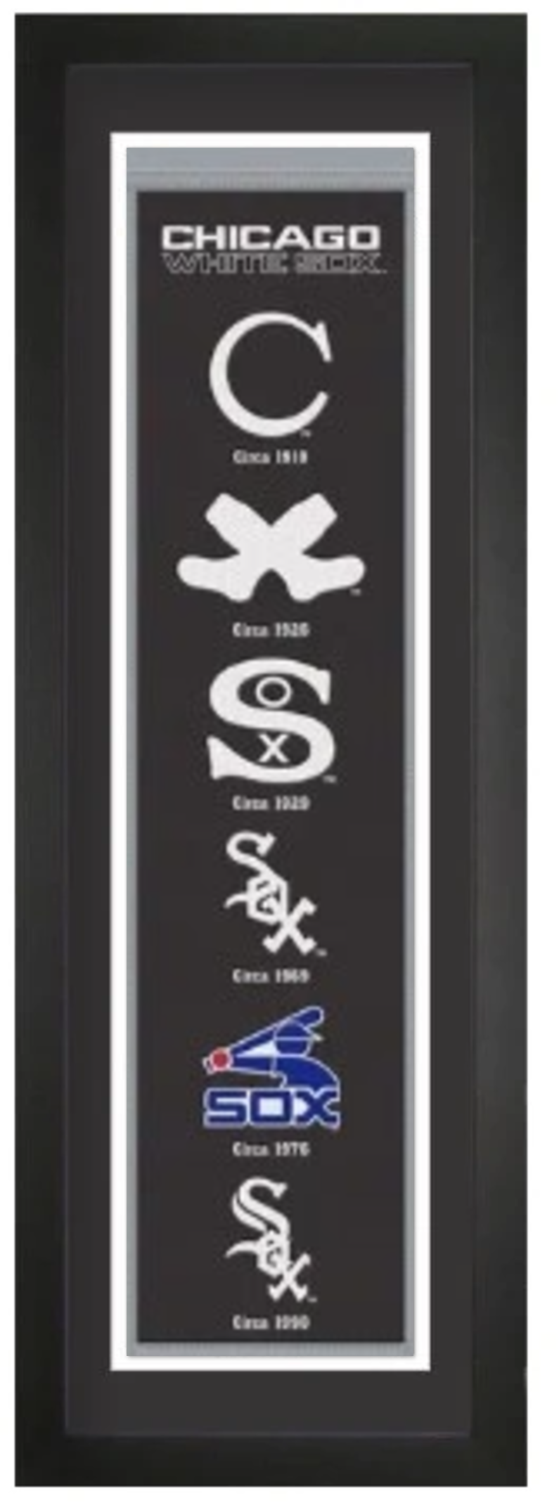 Chicago White Sox heritage embroidered banner with black mat, framed in black, 36 x 12 inches