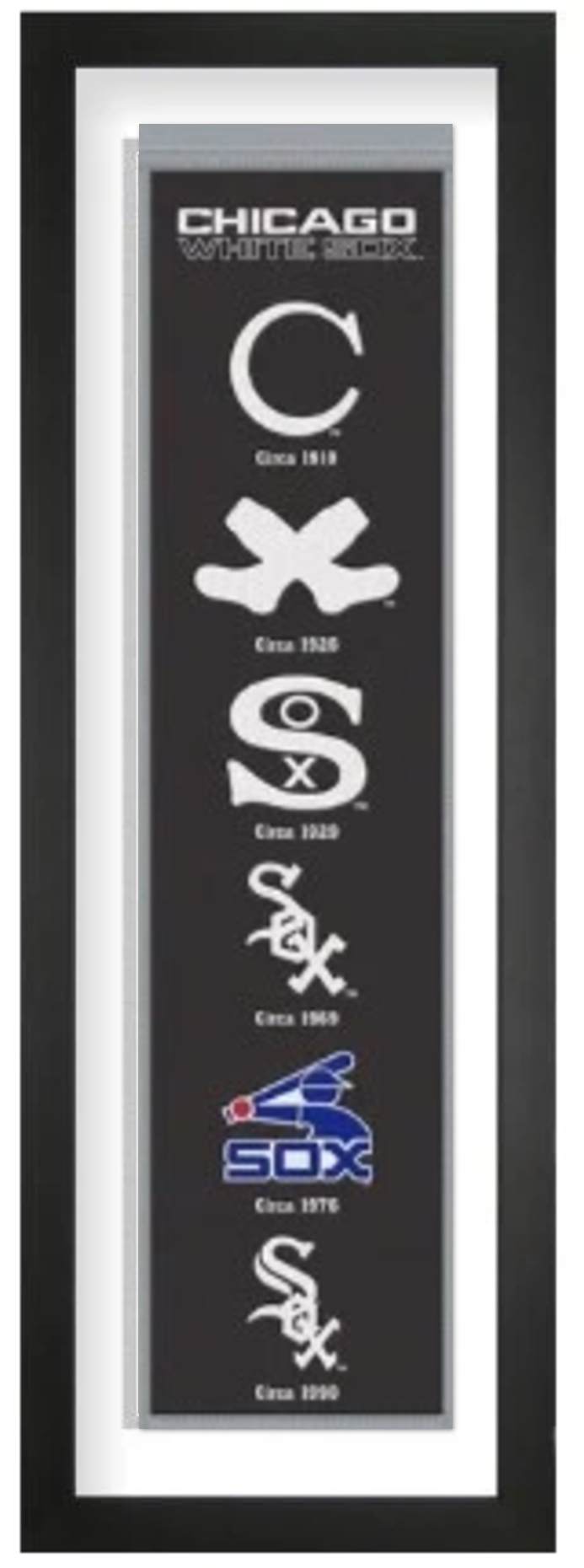 Chicago White Sox heritage embroidered banner with white mat, framed in black, 36 x 12 inches