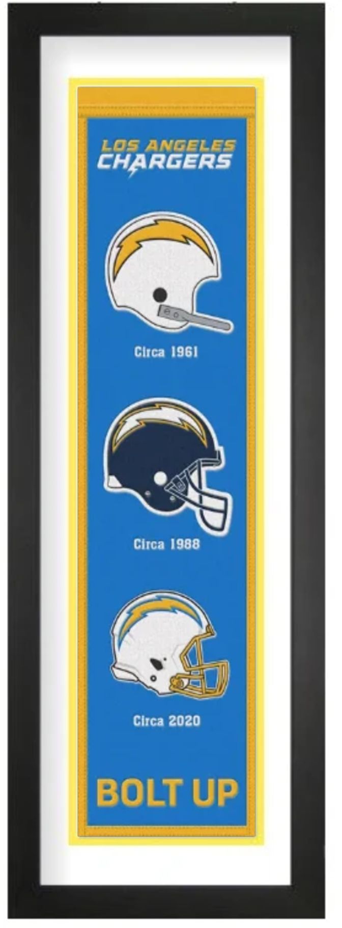 Los Angeles Chargers heritage embroidered banner with white mat, framed in black, 36 x 12 inches