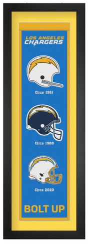 Los Angeles Chargers heritage embroidered banner with yellow mat, framed in black, 36 x 12 inches