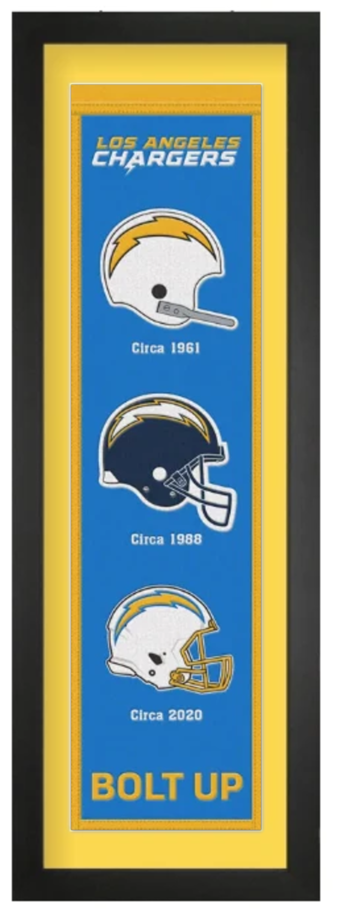 Los Angeles Chargers heritage embroidered banner with yellow mat, framed in black, 36 x 12 inches