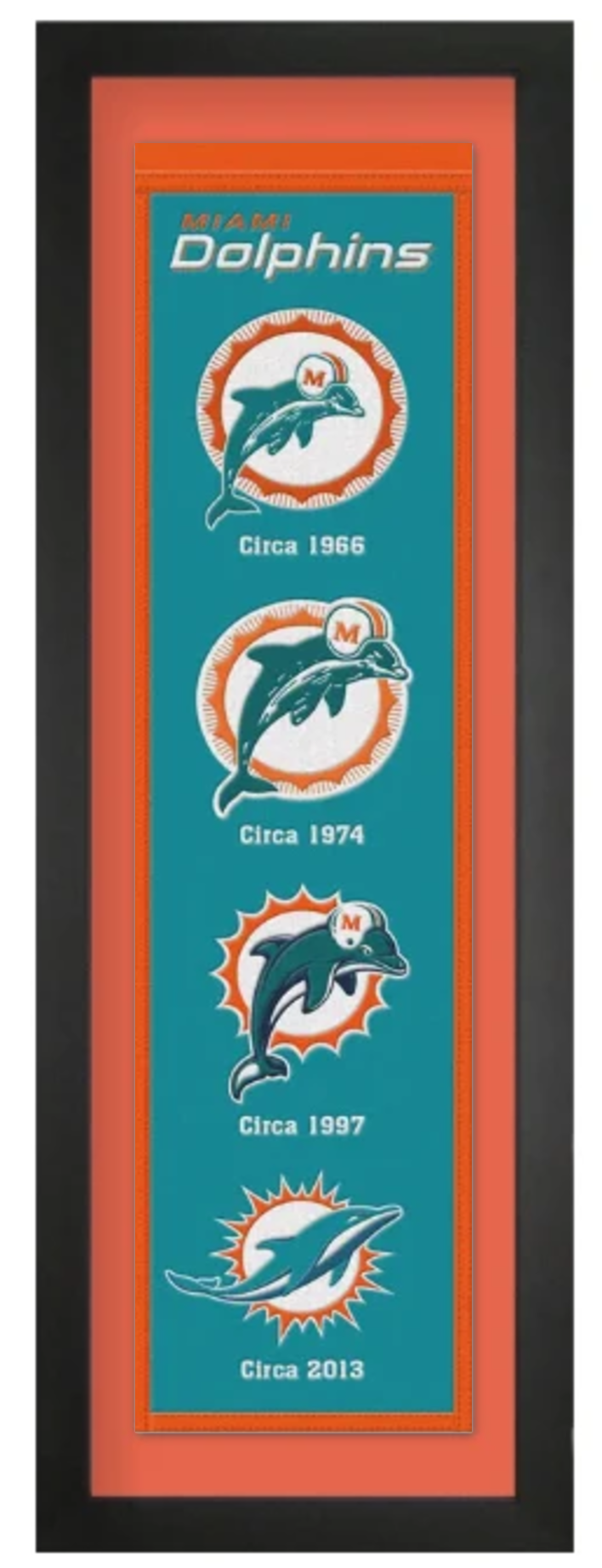 Miami Dolphins heritage embroidered banner with orange mat, framed in black, 36 x 12 inches