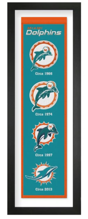 Miami Dolphins heritage embroidered banner with white mat, framed in black, 36 x 12 inches
