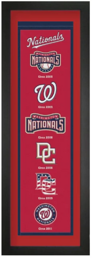 Washington Nationals heritage embroidered banner with red mat, framed in black, 36 x 12 inches