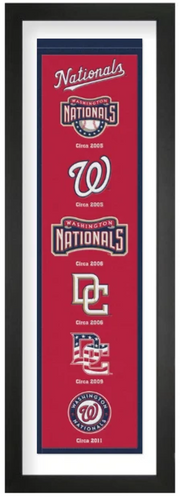 Washington Nationals heritage embroidered banner with white mat, framed in black, 36 x 12 inches