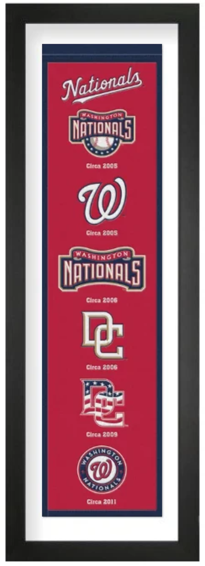 Washington Nationals heritage embroidered banner with white mat, framed in black, 36 x 12 inches