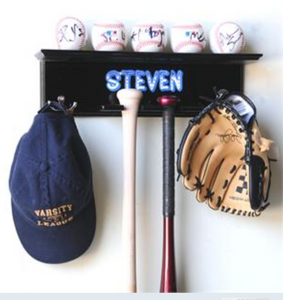 5 Baseballs, 2 Bats, Cap, and Glove Display Rack
