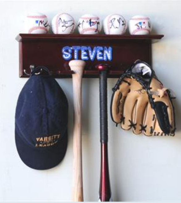5 Baseballs, 2 Bats, Cap, and Glove Display Rack