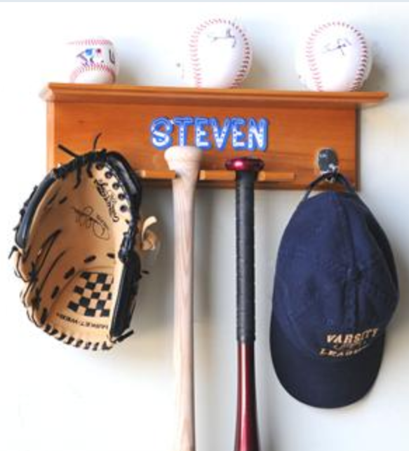 5 Baseballs, 2 Bats, Cap, and Glove Display Rack