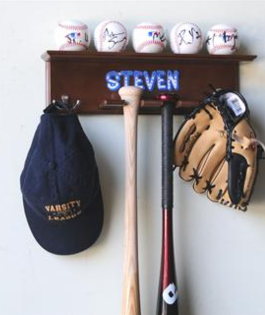 5 Baseballs, 2 Bats, Cap, and Glove Display Rack